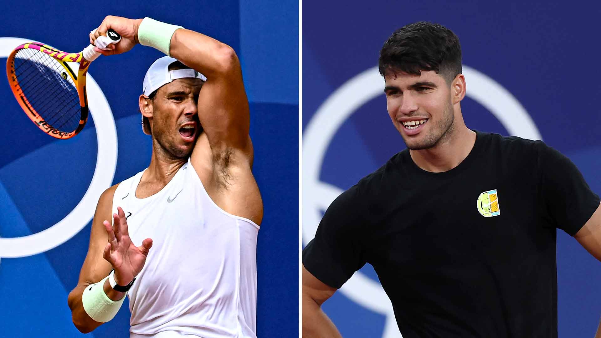 Rafael Nadal and Carlos Alcaraz are in action on night one of the Olympic Tennis Event Saturday.